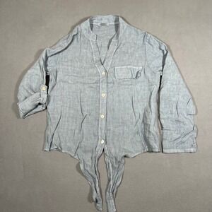 Meo Meli‎ Italy Linen Top Large Tie Front Button Up Open V Shirt Roll Tab Sleeve